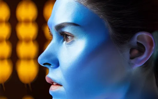 Prompt: Face of blue woman, a human superhero with ethereal glowing blue skin. Close-up side profile portrait. Movie still frame. Weta Digital. Animal Logic. Industrial Light & Magic.