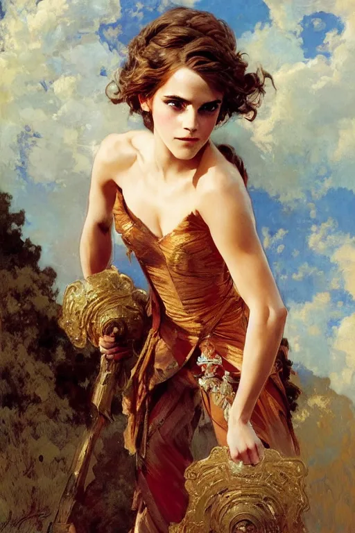 Image similar to emma watson manelbrot fightsuit gaston bussiere craig mullins j. c. leyendecker curly updo