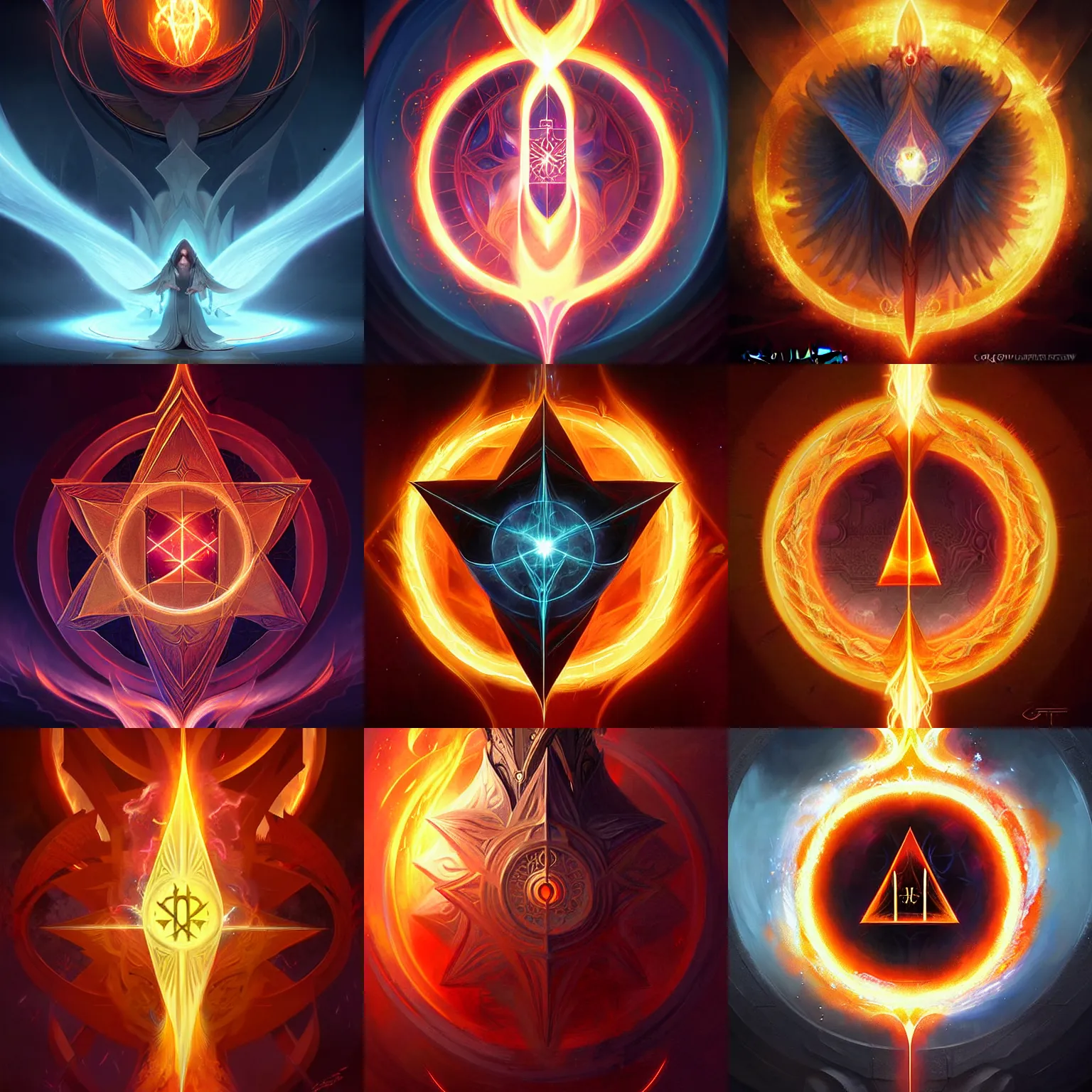 Prompt: holy flame spell, sacred geometry, digital painting art, aion, fantasy game spell symbol, by greg rutkowski