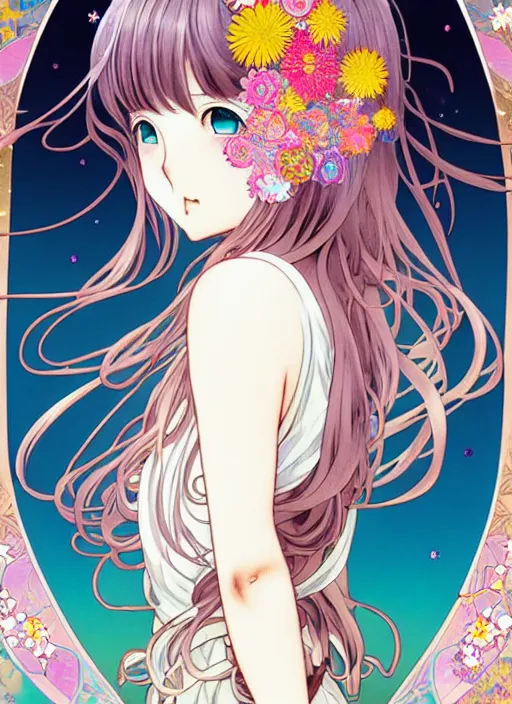 Prompt: exquisite imaginative manga poster art of a girl, long wavy hair, stars, flowers, japanese sailor uniform, shimmering, by kojima ayami, shigenori soejima, minaba hideo, alphonse mucha, jump comics, shogakukan, art nouveau, illustration, artstation, highly detailed, 8 k, colorful, iridescent, maximalist