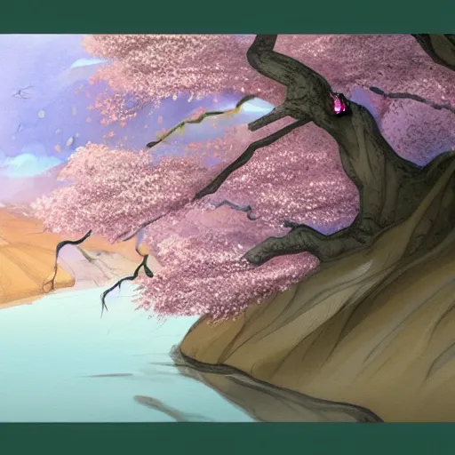 Prompt: A lone samurai watching over a valley of cherry blossom trees, water color painting, concept art, HD —width 1408