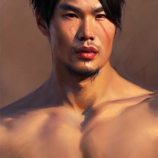 Prompt: li shang [ shirtless ]!!, trending on artstation, front view!!, portrait!!, contest winner, intricate, [ 4 k realism ]!!, oil painting by greg rutkowski, gaston bussiere