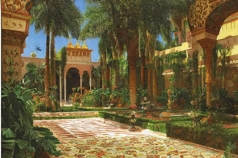 Image similar to painting of a beautiful moorish palace courtyard garden, by arkady rylov and rudolf ernst and maxfield parrish, patterned tilework, palm trees, tiled fountains, extremely detailed, cinematic lighting, smooth sharp focus