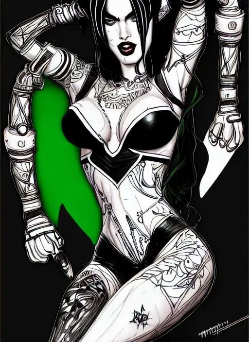 Prompt: symmetry concpet art, full shot, traditional ink, sketch, of megan fox as harley quinn, line sketch, intricate, elegant, highly detailed, monochrome, digital painting, artstation, concept art, green, black, red ink sharp focus, illustration, art by borderlands 3 and peter polach