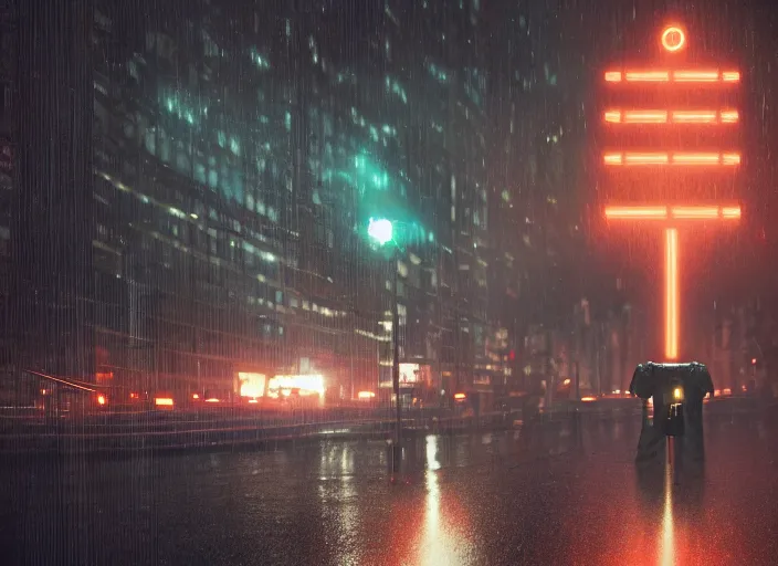 Prompt: a kodachrome photo of a tall huge metallic cyborg droid with glowing lights and sparks and lightning flying from inside, running sprinting on a rainy night in the city in the 1 9 5 0's, dramatic, seen from a distance, canon 5 0 mm, cinematic lighting, film, photography, award - winning, neon, cyberpunk, blade runner