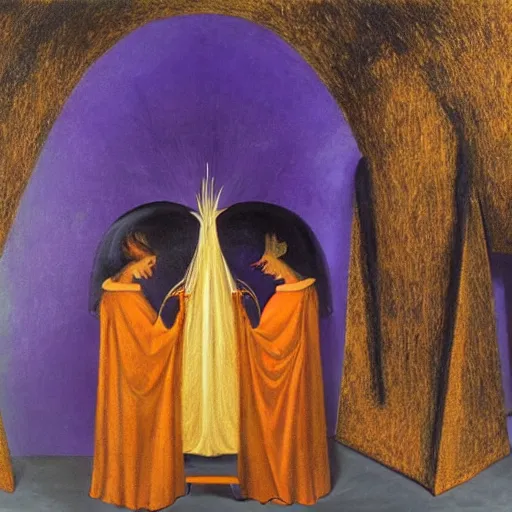 Image similar to an original painting by remedios varo, uses gold, airy, blue, orange and violet as colors