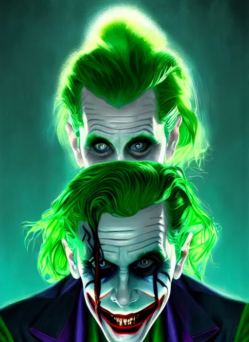 Image similar to portrait of jared leto as the joker, green hair, intricate, elegant, glowing lights, highly detailed, digital painting, artstation, concept art, sharp focus, illustration, art by wlop, mars ravelo and greg rutkowski