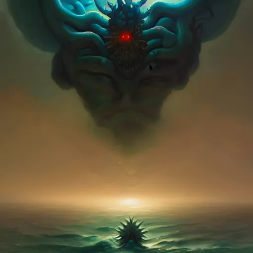 Prompt: in the style of Steve Niles, Peter Mohrbacher and artgerm, Chtulhu rising from the water,, Lovecraftian, ocean, night, storm, lighting, terror, horror