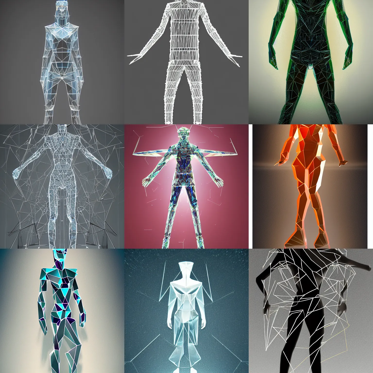 Prompt: full body shot of a crystalline person made of disjointed, sharp glass shards, geometric, in a dark room, trending on artstation, cg society