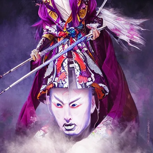 Image similar to portrait of an insane kabuki man wielding a spear covered in a distorting aura, intricate purple hakama, poofy red wig, eerie, highly detailed, dark fantasy, shallow depth of field, art by artgerm and greg rutkowski