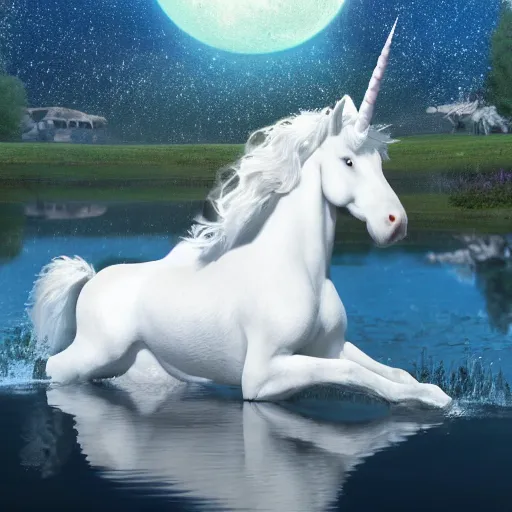 Image similar to a photograph of a white unicorn drinking from a lake. the moon shines on the unicorn. beautiful artstation, incredibly realistic, high quality, 8 k, hdr, incredibly detailed.