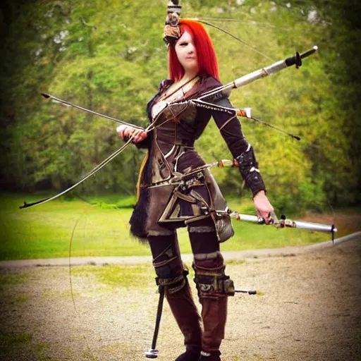 Prompt: full body photo of a steampunk female archer