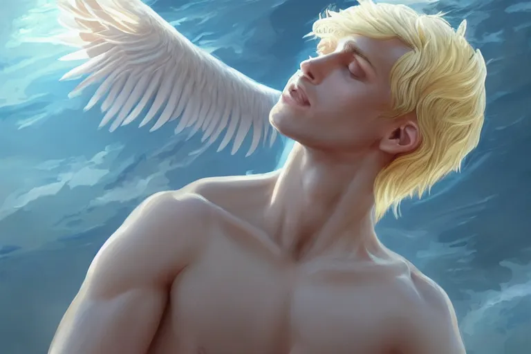 Prompt: Portrait of a Delicate blond male Angel Lucius bathing in the sun, 4k digital illustration by Artgerm, wlop, James Jean, Andrei Riabovitchev, Marc Simonetti, yoshitaka Amano, Artstation, CGsociety