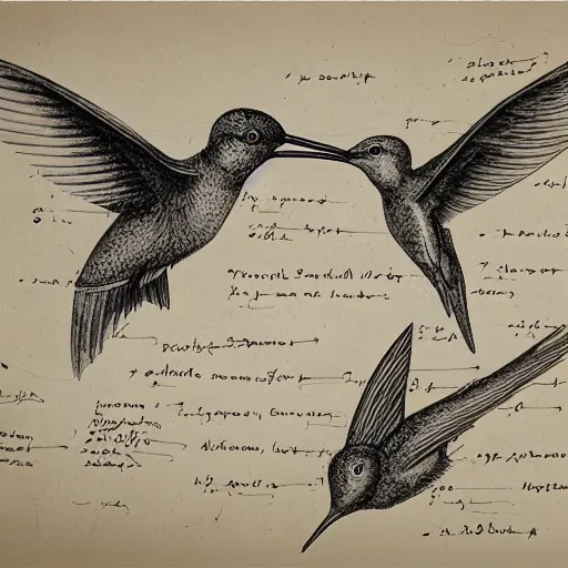 Prompt: full page scan of 1400s detailed hummingbird concept art, architectural section, plan drawing, page, paper, parchment, papyrus, fantasy, horror, occult, diagram, informative texts, graphs, notes, scribbles, human thigh anatomy anatomical, blur