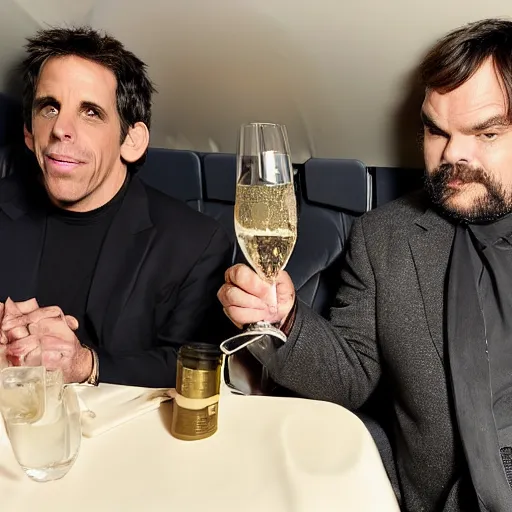 Prompt: ben stiller and jack black on an airplane, drinking champagne, crying