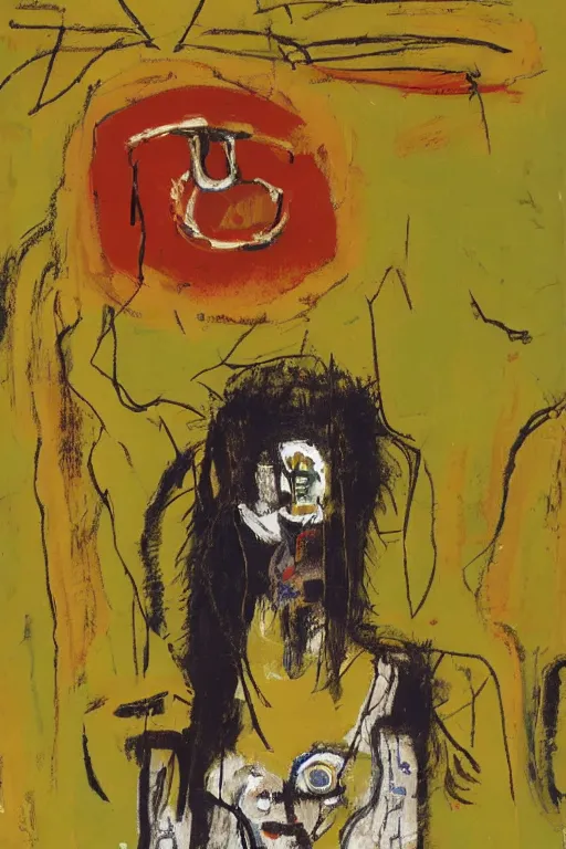 Image similar to a woman inside of an empty light bulb. the woman has wings. by basquiat