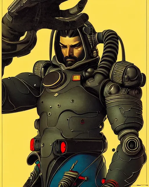 Image similar to hanzo from overwatch, cyber suit, character portrait, portrait, close up, concept art, intricate details, highly detailed, vintage sci - fi poster, retro future, vintage sci - fi art, in the style of chris foss, rodger dean, moebius, michael whelan, and gustave dore