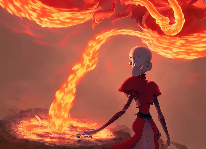 Image similar to squidward wearing fire nation clothing and practicing firebending in an open field at susnset, digital art, highly detailed, intricate, 8 k, greg rutkowski, artgerm