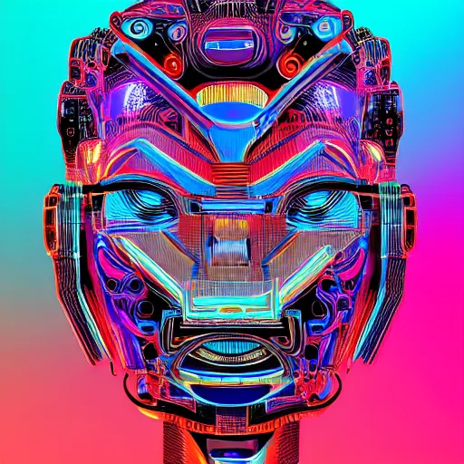 Image similar to hyperdetailed portrait of a cyberpunk aztec futurism robot head, 8 k, symetrical, flourescent colors, halluzinogenic, multicolored vector art, black background