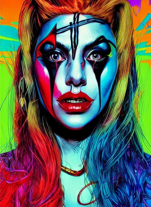 Image similar to beautiful lady gaga as harley quinn, horror, high details, bright colors, vivid, intricate details, by vincent di fate, artgerm julie bell beeple, 1 9 8 0 s, inking, vintage 8 0 s print, screen print