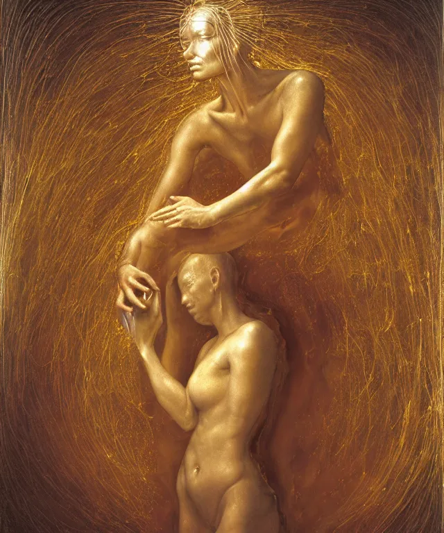 Prompt: Beautiful full-body wax sculpture of a glowing transparent woman in glowing dress with visible gold bones and brain covered with melted white wax inside the singularity where stars becoming baroque folds of dark matter by Michelangelo da Caravaggio, Nicola Samori, William Blake, Alex Grey and Beksinski, dramatic volumetric lighting, highly detailed oil painting, 8k, masterpiece