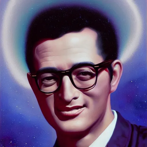 Prompt: UHD tonalism cosmic painting of Buddy Holly, by Antonio Caparo and Ferdinand Knab and Greg Rutkowski, UHD, photorealistic, trending on artstation, trending on deviantart