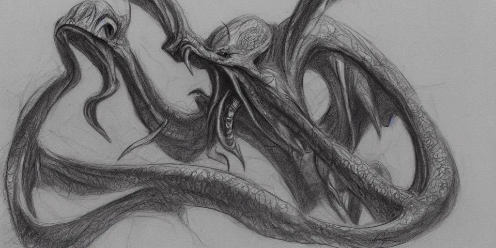 Image similar to mat painting, milt kahl pencil sketch great cthulhu rises from the ocean to consume a city