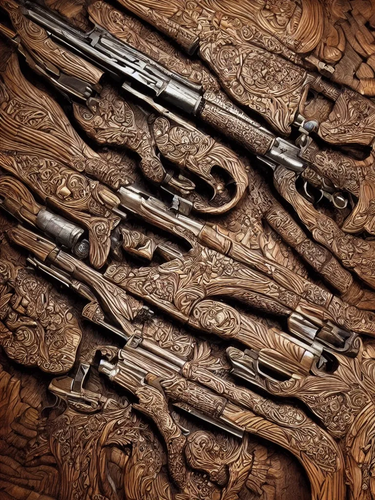 Prompt: wood carving in oak pine beechwood of an intricate design of firearms guns bullets revolvers and rifles, dramatic lighting, hyperrealistic, ultrarealistic, intricate details, 4k, unreal 5, digital art