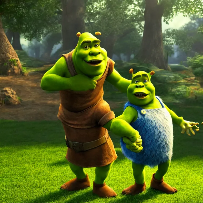 Image similar to shrek and sonic holding hands in a park, cinematic lighting, volumetric lighting, award winning photography, highly detailed, intricate, sharp focus, 4 k wallpaper, unreal engine, 9 0 mm, f / 1. 4