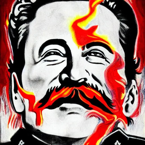 Prompt: stalin is on fire, scary art in hellish style, art in 4 k