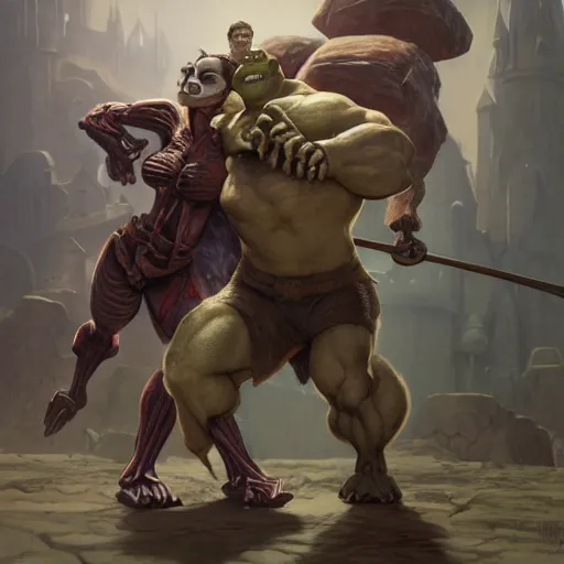 Image similar to strong and muscular skeleton fighting shrek in a battle, highly detailed, digital painting, artstation, concept art, smooth, sharp focus, illustration, art by artgerm and greg rutkowski and alphonse mucha