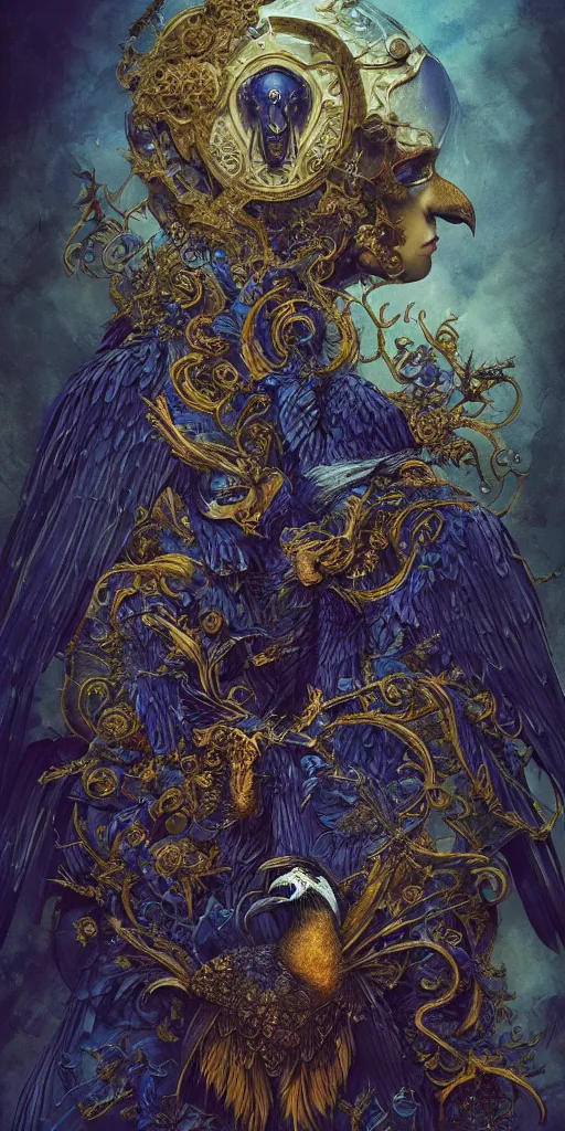 Image similar to a stunning interpretation of raven, highly detailed and intricate, golden ratio, blue colors, hypermaximalist, ornate, luxury, elite, horror, creepy, ominous, haunting, matte painting, cinematic, cgsociety, james jean, brian froud, ross tran