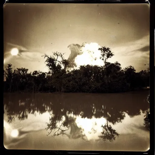 Image similar to dark selfie of a nuclear explosion in the louisiana swamps, pictorialism