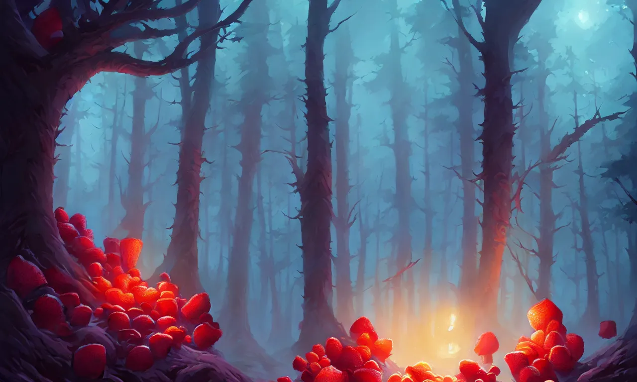 Image similar to Dark forest large strawberries, behance hd by Jesper Ejsing, by RHADS, Makoto Shinkai and Lois van baarle, ilya kuvshinov, rossdraws global illumination