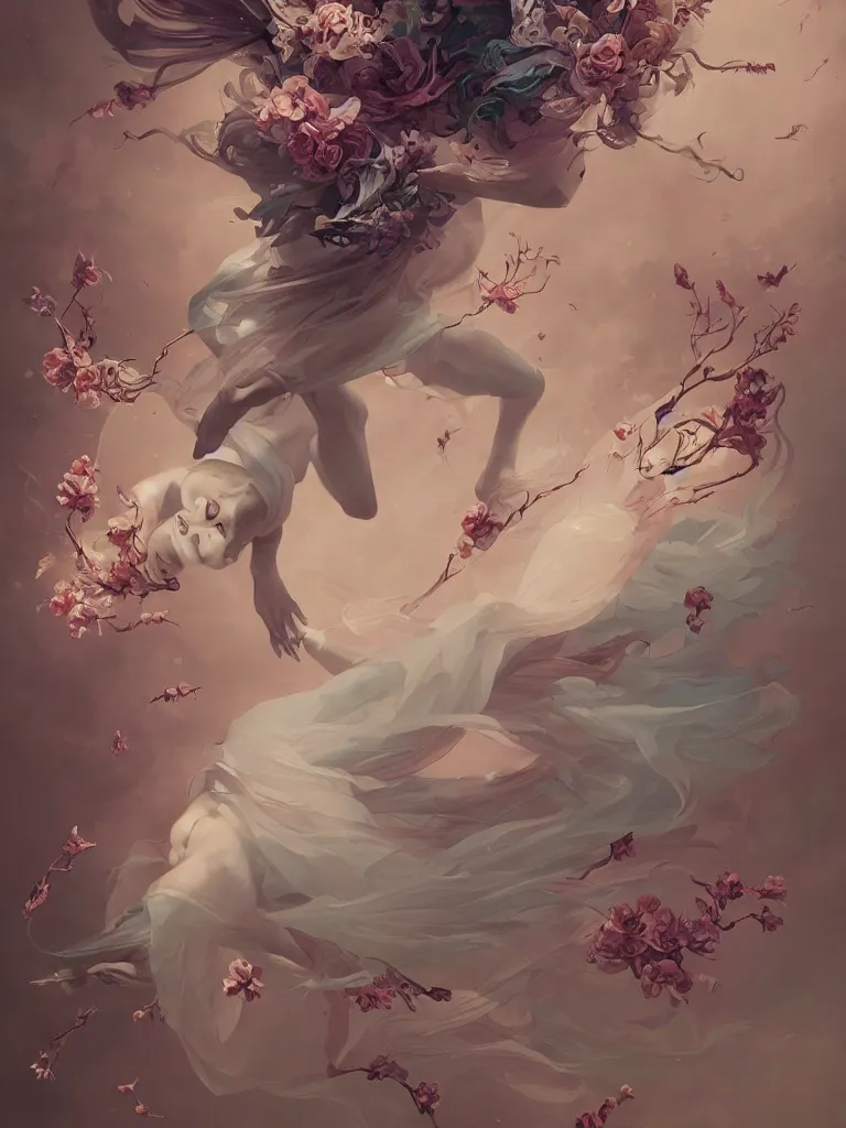 Prompt: a portrait of a flying body covered in flowers in a dynamic pose, in the style of peter mohrbacher, highly detailed, soft lighting, art nouveau patterns, trending on artstation