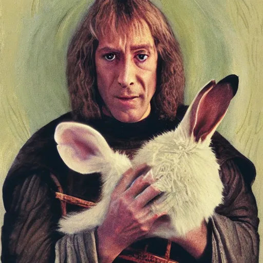 Prompt: portrait of sorcerer tim holding the killer rabbit from search for the holy grail monty python