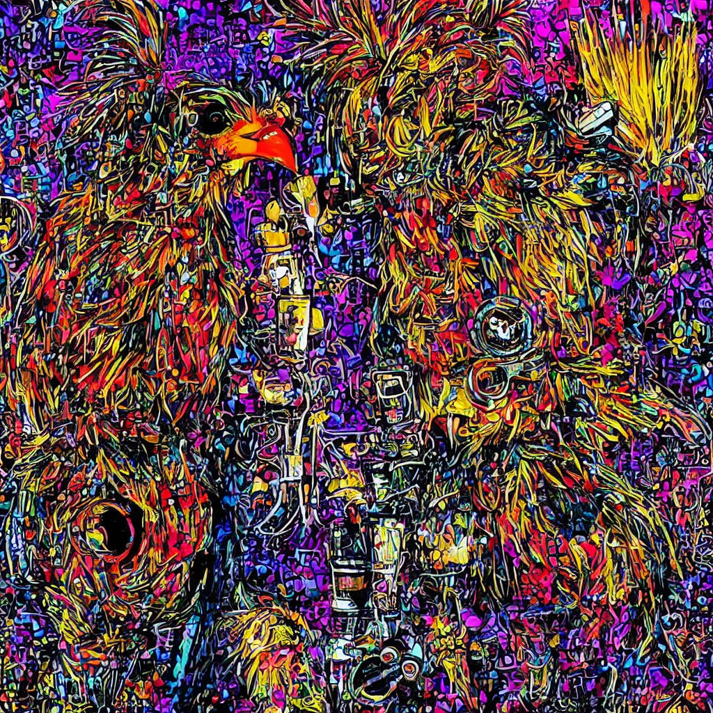 Prompt: fine portrait of a punk chicken drinking beer and making noise music, psychedelic background, ultrarealistic, 16K 3D, crying engine