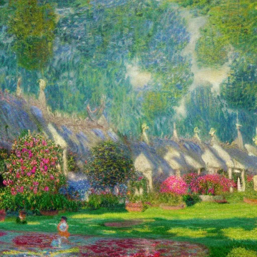 Prompt: Intricate five star Fairy Village by monet, oil on canvas, HDR, high detail, Photo realistic, hyperrealism,matte finish, high contrast, 3d depth, masterpiece, vivid and vibrant colors, enhanced light effect, enhanced eye detail,artstationhd