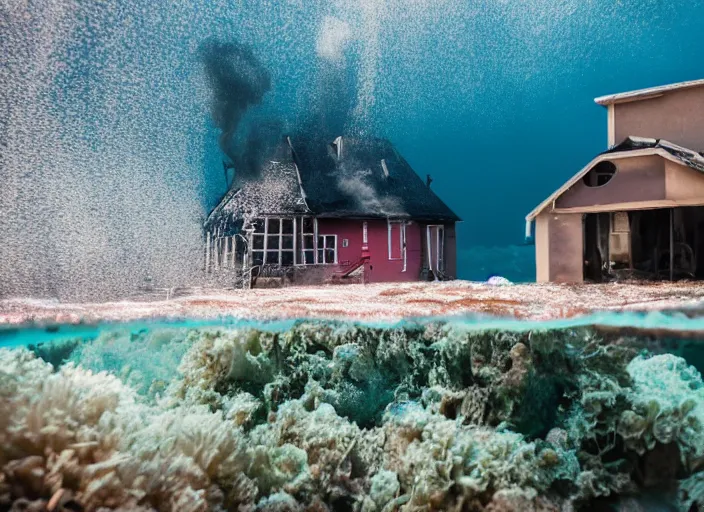 Prompt: dslr photo still of a house on fire under the water under water at the bottom of the ocean with lots of bubbles and light rays, 8 5 mm f 1. 8