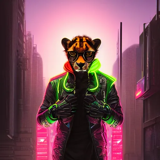 Image similar to a beautiful commission portrait of a male anthro cheetah wearing a neon jacket,futuristic,detailed face,mohawk,cyberpunk city,deviantart,artstation,art by greg rutkowski,ross tran,professional lighting,neon city,night,raytracing,highly realistic,4k,dramatic,hyperrealism