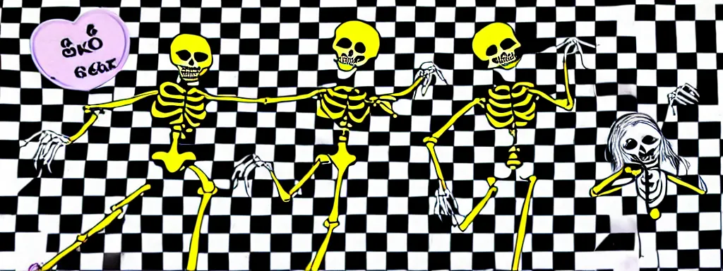 Image similar to ska skeleton and girlfriend, 8 0 s checkerboard 6 6 6, digital art, chalk, ultra detailed by tara mcpherson and gary houston, 5 0 mm