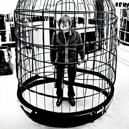 Image similar to mark e smith in a small cage marked for sale