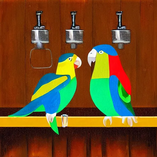 Prompt: Colorful illustration of Two humanoid parrots behind bar. One of them is pouring a beer. Digital art