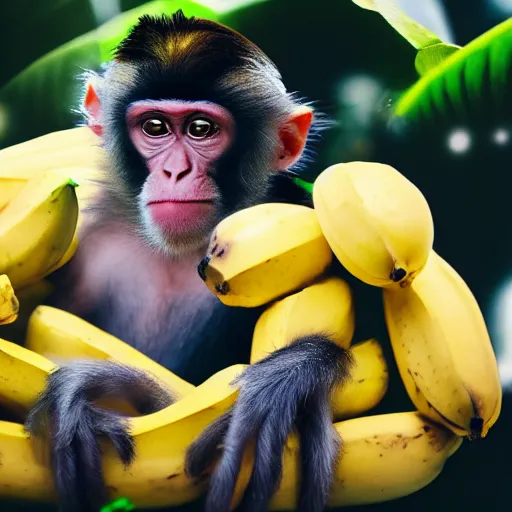 Prompt: a monkey covered by a pile of bananas, cinematic, film still, high detail