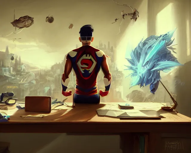 Image similar to an insanely detailed painting of a nerdy asian man wearing a superhero costume, sitting at a desk, staring at the nervously at the computer and typing, in the style of peter mohrbacher, dramatic lighting and composition, surreal background, octane render, pixar, trending on artstation, concept art, comic book, view from behind