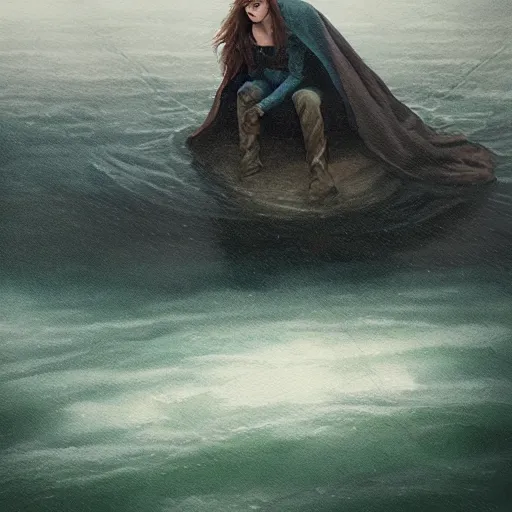 Prompt: an person with a cape on sitting in an boat in the middle of an green lake during storm, Matte painting , detailed painting, greg rutkowski