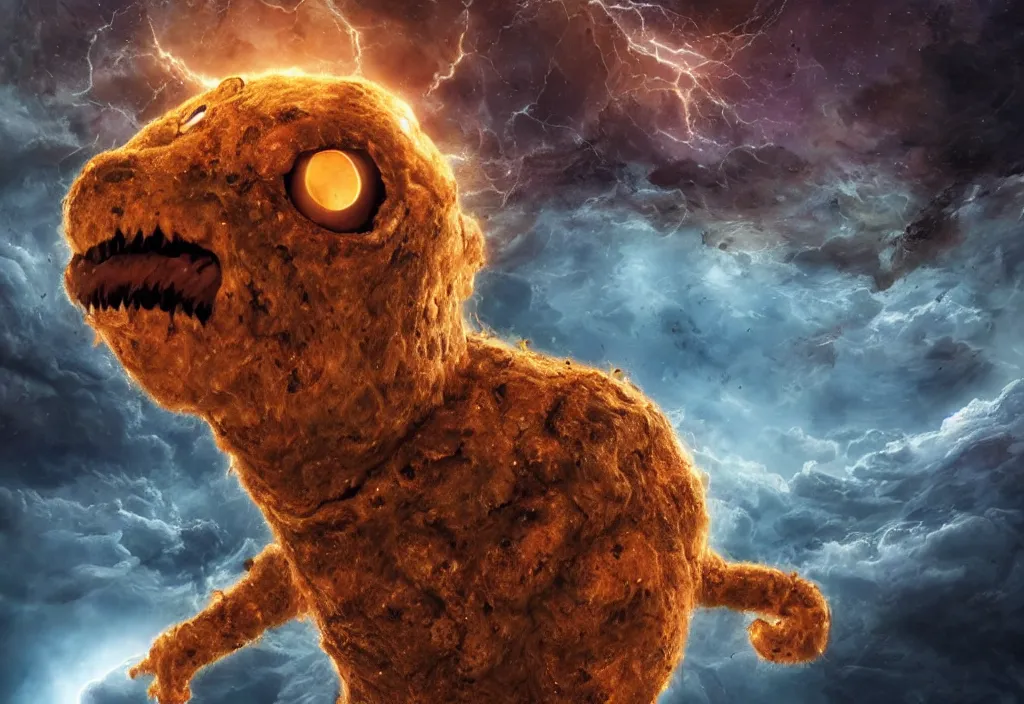 Image similar to eldritch horror bloody garfield in space, hd, 8 k, giant, epic, realistic photo, unreal engine, prophecy, powerful, cinematic lighting, destroyed planet, debris, violent, sinister, ray tracing, dynamic, epic composition, dark, horrific, teeth, grotesque, monochrome drawing, hellscape, corpses, foreboding, lightning, garfield cartoon eyes