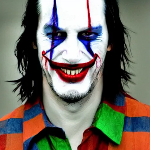 Image similar to Keanu reeves in clown Face paint inspired by the Joker