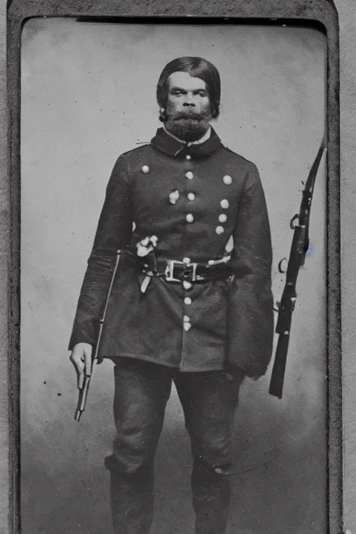 Image similar to a tintype photograph of bigfoot as a soldier in the civil war, posing with his rifle