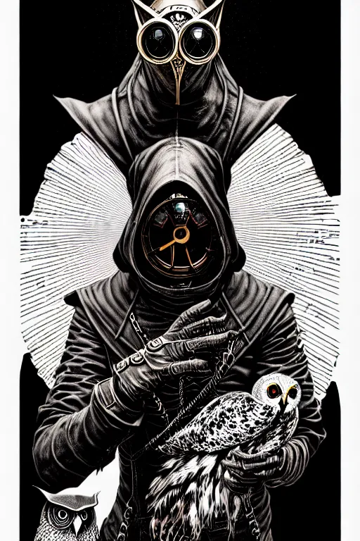 Image similar to side view of a hooded steampunk alchemist wizard holding his majestic owl on glove, high details, bold line art, by vincent di fate and joe fenton, inking, etching, screen print, masterpiece, trending on artstation, sharp, high contrast, hyper - detailed,, hd, 4 k, 8 k